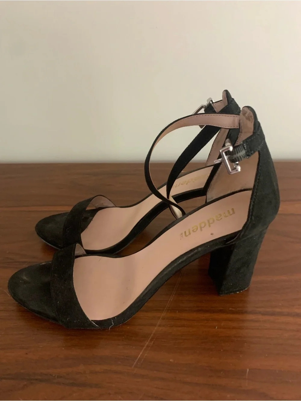 Madden NYC Black Suede Ankle-Strap Block Heel Sandals